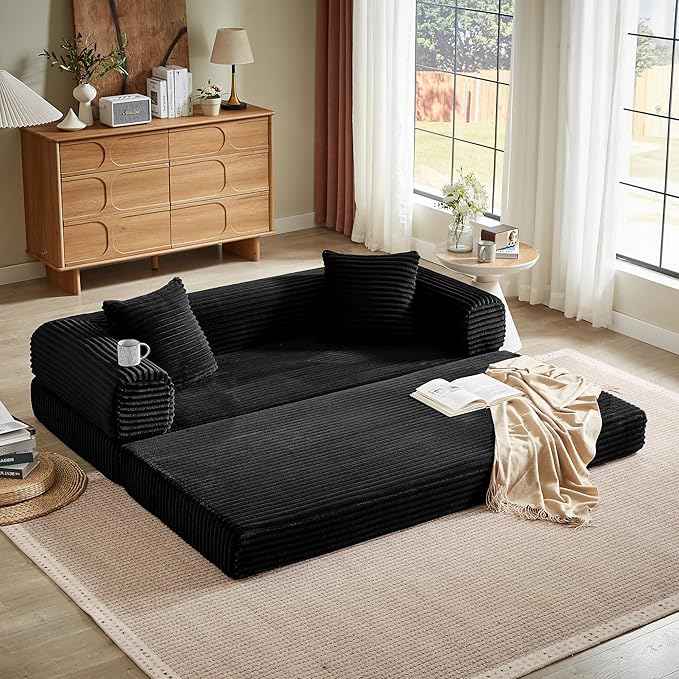 Boneless Couch Sofa Bed Sectional Couches for Living Room,Futon Cloud Couch with Sleeper Sofa,Sofas for Living Room Oversized Corduroy Upholstered (Black)