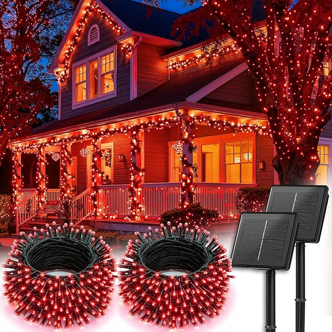 Brightown 2 Pack Solar String Lights Outdoor, Total 144Ft 400 LED Twinkle Fairy Lights Waterproof with 8 Modes Auto On/Off for Patio Tree Garden Party Home Wedding Christmas Decorations (Red)
