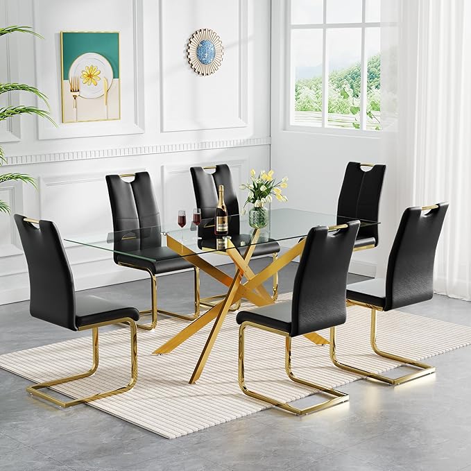 60" Rectangular Glass Dining Room Table for 6 with Tempered Glass Top and Gold Metal Legs, Modern Clear Kitchen and Dinner Table for Home Office Dining Room