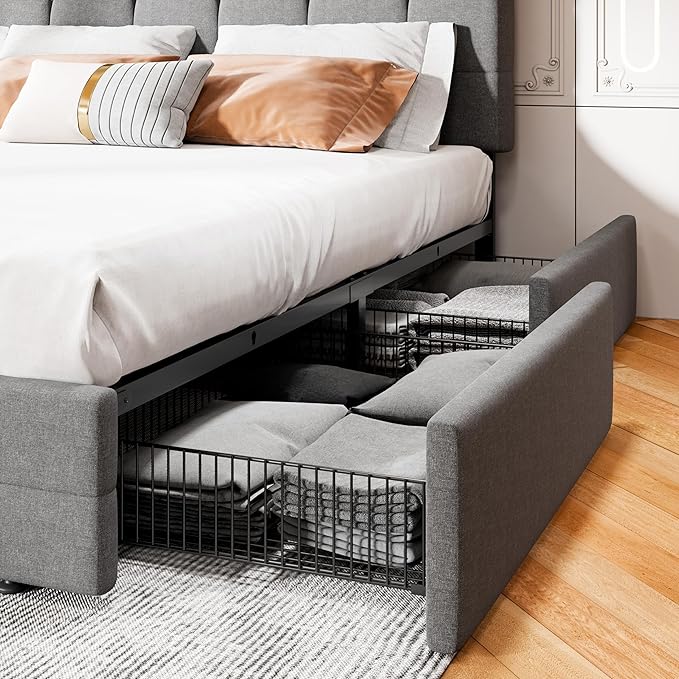 MUTICOR Full Size Bed Frame with 4 Storage Drawers, Upholstered Platform Bed with Button Tufted Adjustable Headboard, No Box Spring Needed, Easy Assembly, Square Tufted, Light Grey Fabric