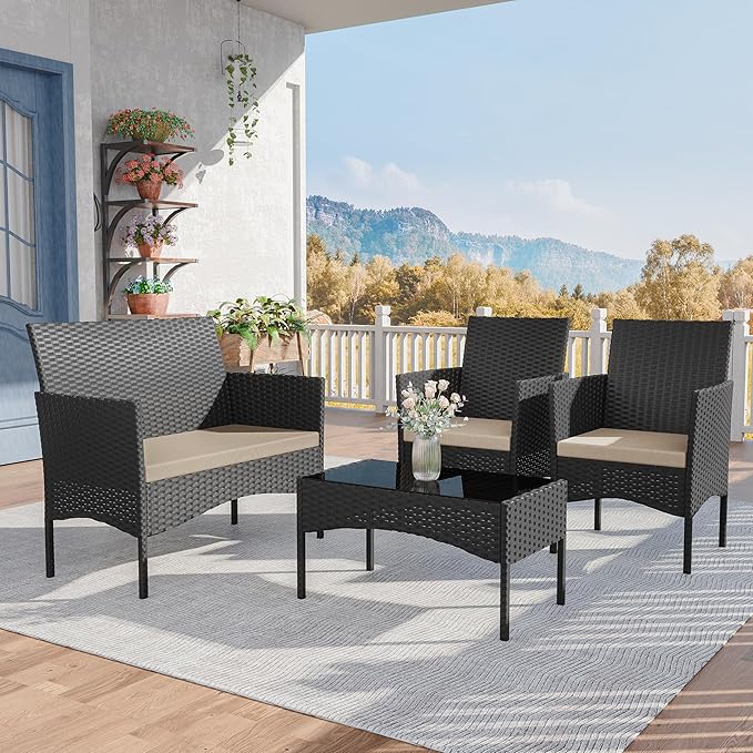 Kurapika Patio Furniture Set 4 Pieces Outdoor Wicker Rattan Chairs Conversation Sets w/Coffee Table, Rocking Bistro Set, for Patio Backyard Lawn (Sand)