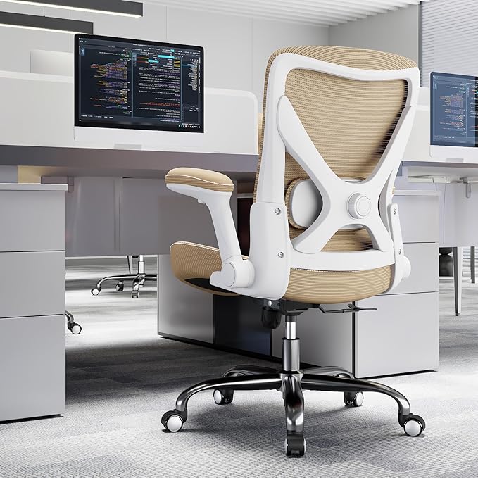 Office Home Ergonomic Desk Chair-Computer X-Shaped Chair Mesh PU Leather with Adjustable Lumbar Support-Executive Chair High Back Flip-Up Arms for Long Hours (Khaki-No Headrest)