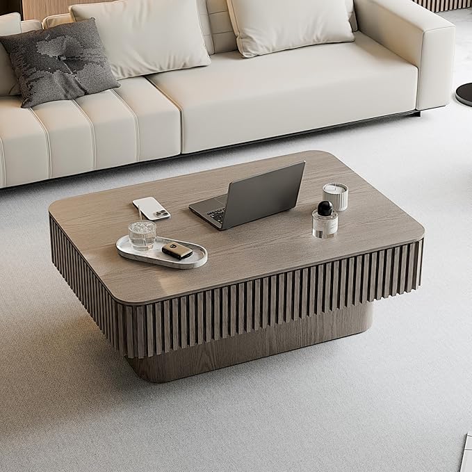 38.6" Lift Top Coffee Table with Storage, Fluted Coffee Table with Solid Wood Veneered, Mid Century Modern Wooden Center Table, Accent Tea Table for Living Room Apartment, Grey