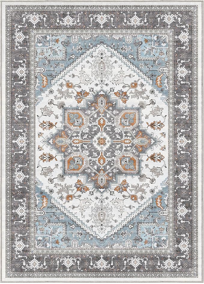 OPPODREAM Thin 6x9 Area Rugs, Washable Rug 6x9 with Non Slip Backing, Faux Cashmere Low-Pile 6 x 9 Carpet, Grey & Teal & Yellow