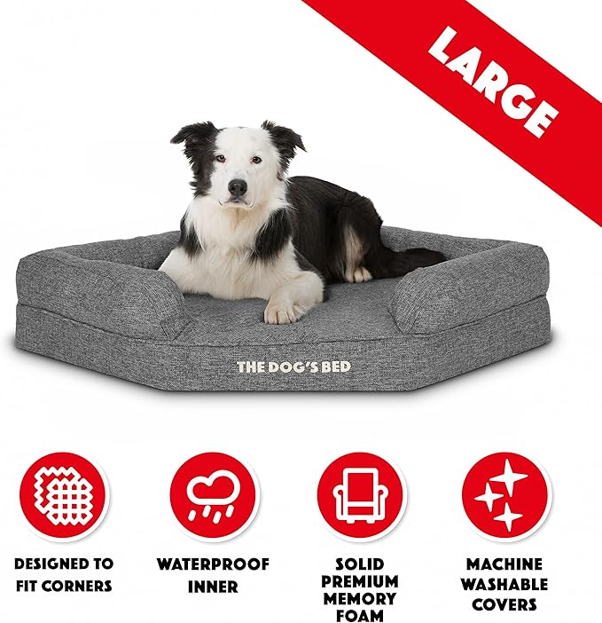 The Dog’s Bed Memory Foam Waterproof Corner Dog Bed, Large, Grey Linen, Eases Pet Arthritis & Hip Dysplasia Pain, Therapeutic & Supportive, Washable Linen Fabric Cover
