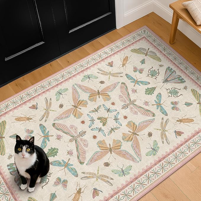 Flower Area Rug for Girls Bedroom - Washable 3x4 Light Pink Large Entryway Rug for Laundry Room, Kitchen, Bedroom, Dorm, Insect Print Vintage Floral Non-Slip Throw Rug Low Pile Stain Resistance
