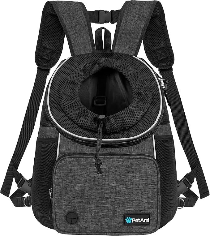 PetAmi Adjustable Dog & Cat Chest Carrier Backpack, Ventilated for Hiking & Camping, Small to Large Pets Up to 15 lbs, Dark Gray