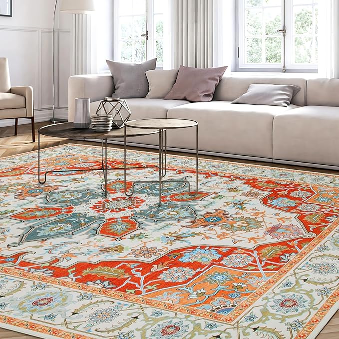 WILLSUN Washable Area Rugs, 8x10 Non-Slip Boho Large Area Rugs for Living Room, Bedroom, Machine Washable Vintage Rug, Indoor Floral Print Carpet for Home Decor, Kid & Pet Friendly Mat