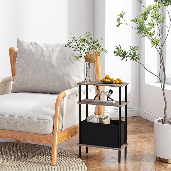 Narrow Side Table with Fabric Basket, End Table for Small Spaces, Slim Nightstand with 3-Tier Storage Shelf, Sofa Beside Table, for Living Room, Bed Room, Natrual Walnut