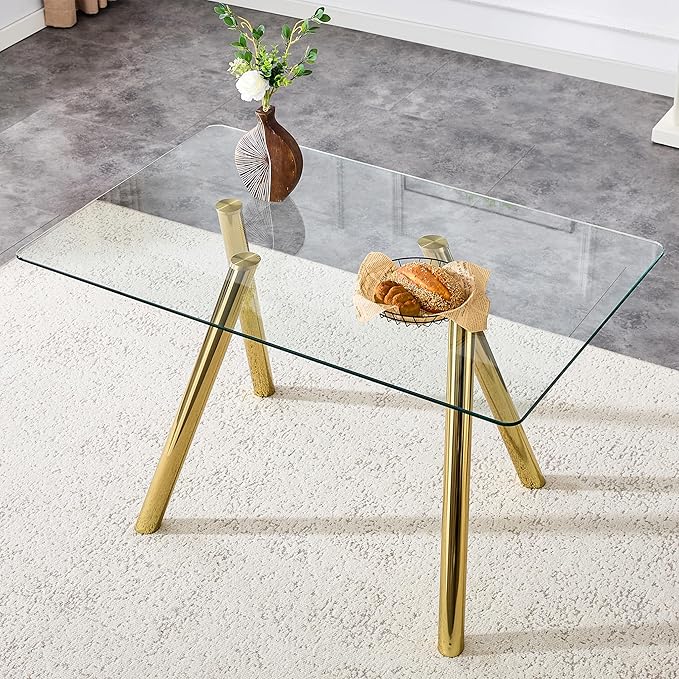 Modern Glass Dining Table for 6, 51.2" Rectangular Dining Table with Tempered Glass Top & Metal Legs, Gold Kitchen Table for Dinner Dining Room Living Room