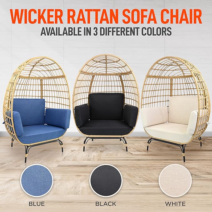 SereneLife Indoor/Outdoor Wicker Rattan Egg Chair with Cushions, Patio Hanging Egg Chair with Steel Frame, Washable Pillows, for Porch, Deck, Garden or Bedroom, 440 lbs. Capacity