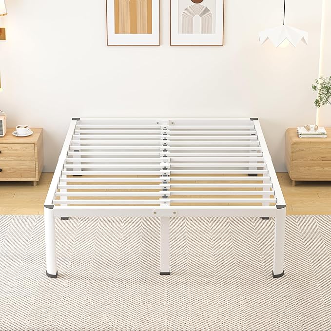 20 Inch Queen Size Metal Bed Frame with Round Corners, Storage Space Under High Bed Frame-Heavy Duty Steel Slats Support, Noise Free - Easy Assembly - No Box Spring Needed,White