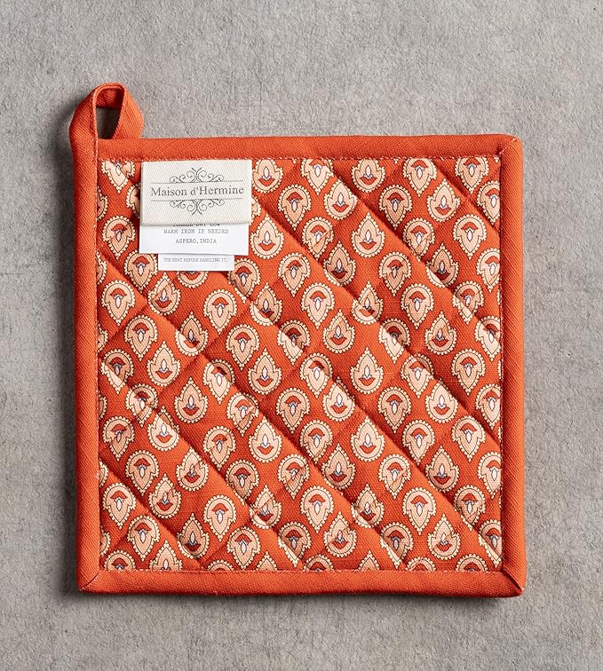 Maison d' Hermine Pot Holders 100% Cotton Heat Resistant Potholders 8" x 8" Hot Pads with Loop for Thanksgiving Christmas Decorations BBQ Cooking Baking Handling Hot Pans (Pack of 1, Cachemire)