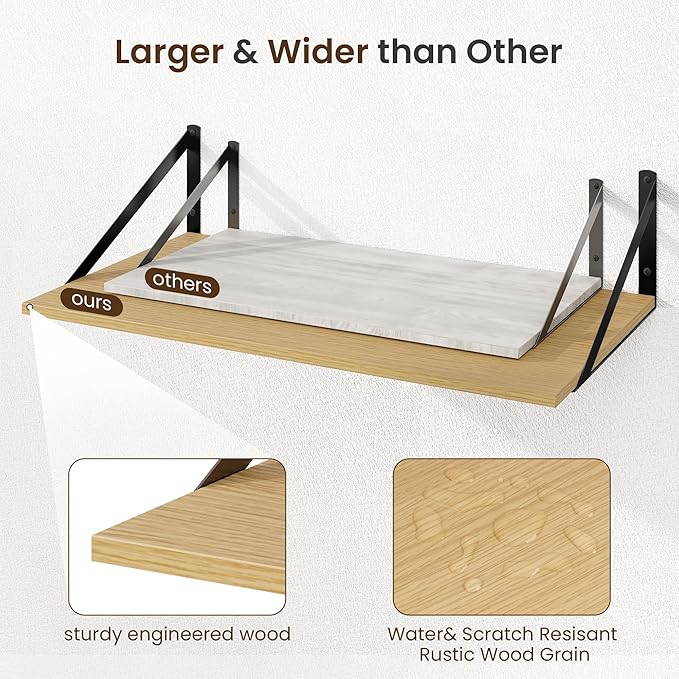 Fun Memories Floating Shelves for Wall, 12 Inch Deep Floating Shelves Set of 2, 16W x 12D Large Wall Shelf with Sturdy Metal Brackets for Living Room, Bathroom, Bedroom and Kitchen, Oak