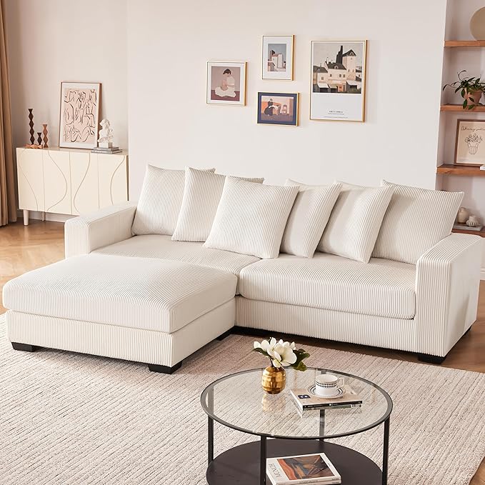101.6" Deep Seat Modular Sectional Sofa, Comfy Corduroy Sectional Couches for Living Room, L-Shaped Upholstered Cloud Couch with Chaise, Widened Armrests for 4 People, Beige