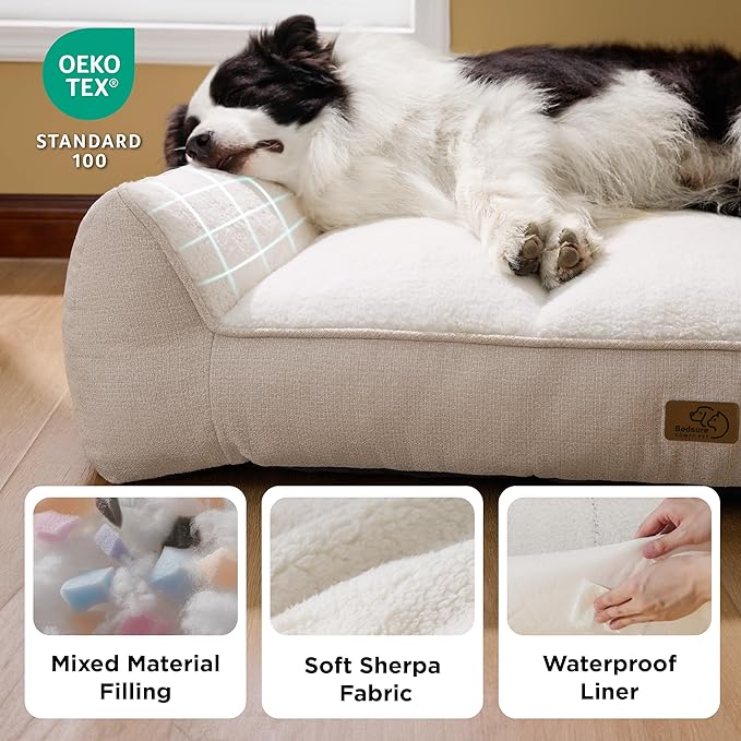 Bedsure Orthopedic Dog Beds Large Sized Dog - Extra Thick Supportive Large Dogs Bed with Waterproof Washable Cover, L Plus Comfort Pet Bed Sofa with Soft Plush Sherpa and Nonskid Bottom, Beige, 38"