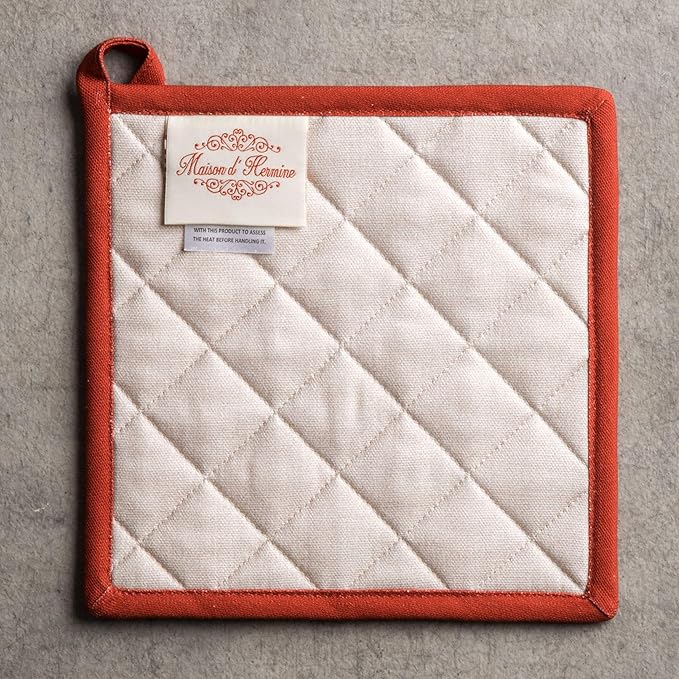 Maison d' Hermine Pot Holders 100% Cotton Heat Resistant Potholders 8" x 8" Hot Pads with Loop for Thanksgiving Christmas Decorations BBQ Cooking Baking Handling Hot Pans (Pack of 1, Potiron)