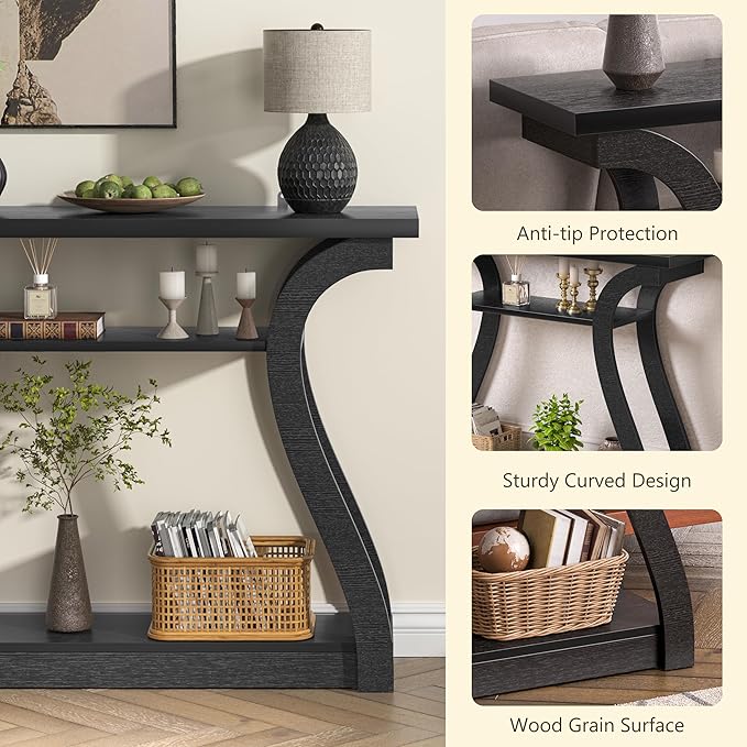 Wooden Console Table with Curved Legs and Shelf, 3-Tier Modern Accent Sofa Table for Entrance Area, Living Room, Hallway, 47 in Wide (Black)