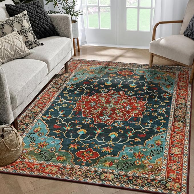 WILLSUN Washable Area Rugs, 3x5 Non-Slip Boho Large Area Rugs for Living Room, Bedroom, Machine Washable Vintage Rug, Indoor Floral Print Carpet for Home Decor, Kid & Pet Friendly Mat