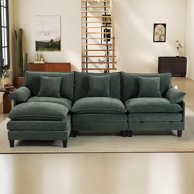 Modular Sectional Sofa, Comfy Cloud Couch with Movable Ottoman, Deep Seat Couches for Living Room, Bedroom and Apartment, 106" L Shaped Modern Sofa with Pillows, Green