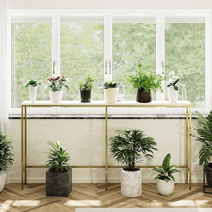 70.9 Inch Console Table with Power Outlet,Modern Narrow Long Sofa Table Behind Couch,Skinny Entry Table with Gold Metal Frame for Entryway,Living Room, Hallway,Classic White