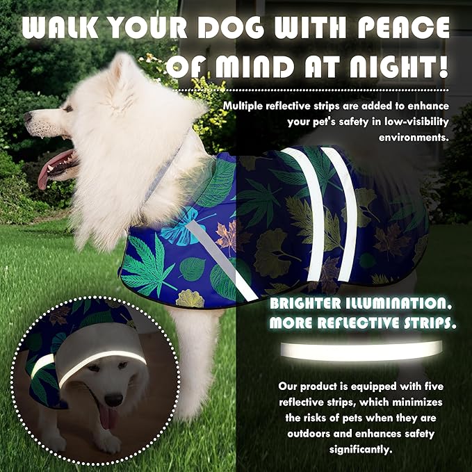 Dog Raincoat, Adjustable Dog Rain Jacket with Clear Hooded Double Layer for Large Medium Small Dogs Puppies, Waterproof Rain Coat Poncho Leaf, Blue-L