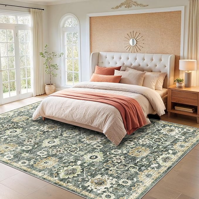 AMADA HOMEFURNISHING 8x10 Washable Area Rug, Low-Profile Large Area Rug with Non-Slip Backing & Durable Edge Binding, Vintage Large Rugs for Living Room, Bedroom, Dinning Room