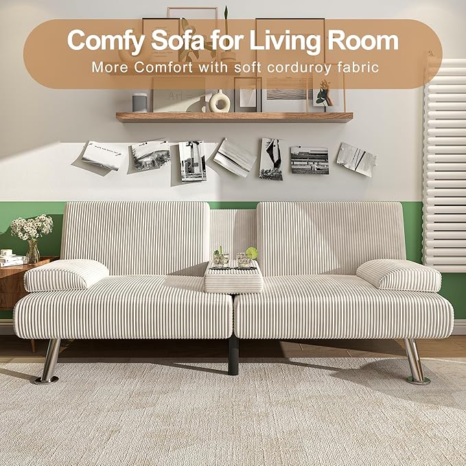 Shahoo Modern Upholstered Convertible Folding Futon Sofa Bed with Removable Armrests, Metal Legs, 2 Cup Holders for Living Room, Beige