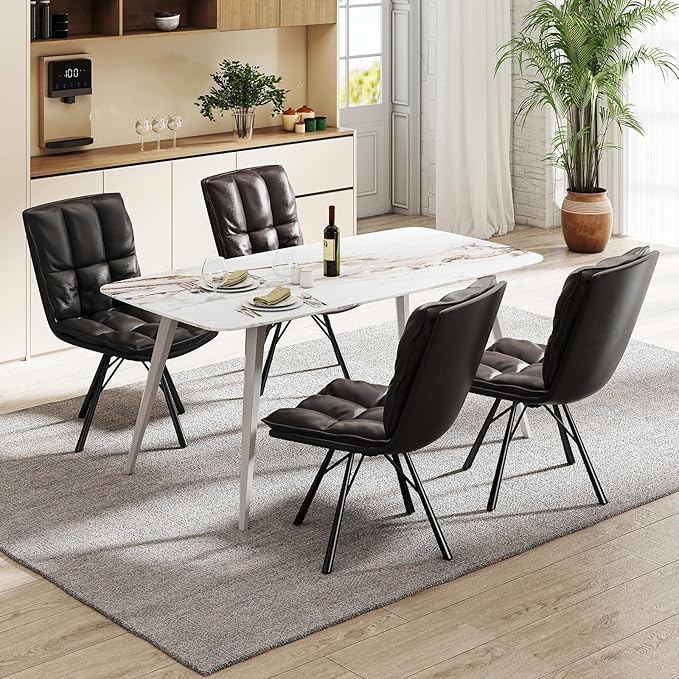 Bestier Dining Chair, Upholstered Modern Kitchen Chair, Armless Home Office Desk Chair, Ergonomic PU Leather Vanity Table Chair with Metal Legs for Dinning Room, Kitchen & Bedroom, Black