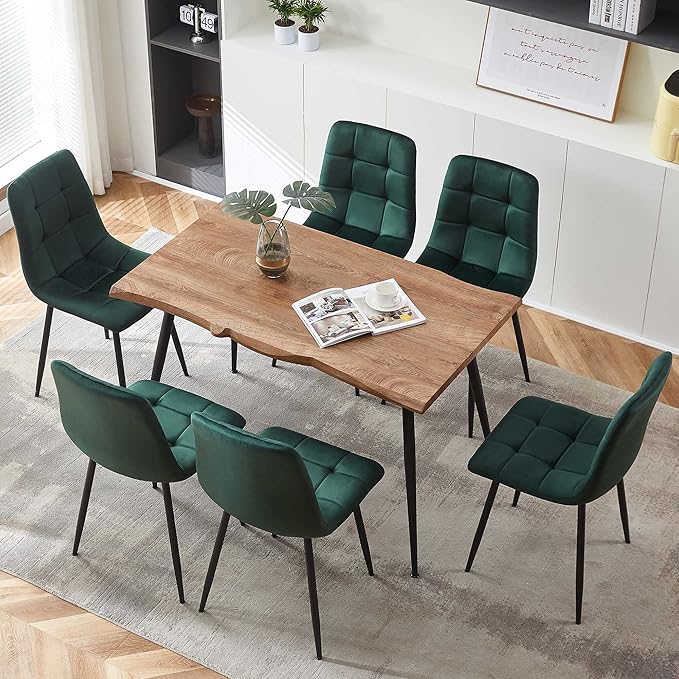NORDICANA Forest Green Velvet Dinner Chairs Set of 6, Modern Armless Biscuit Tufted Dining Side Chairs with Metal Legs for Kitchen Living Room Vanity