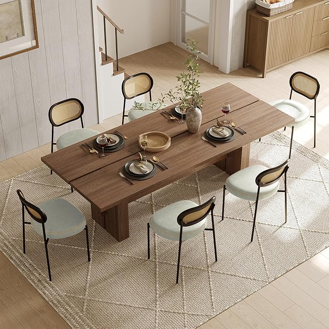 Rattan Dining Chairs Set of 2, Beige Leather Upholstered Dining Chairs with Rattan Cane Back, Mid Century Modern Dining Room Chairs with Black Metal Legs & D-Shaped Thicken Cushion, Beige