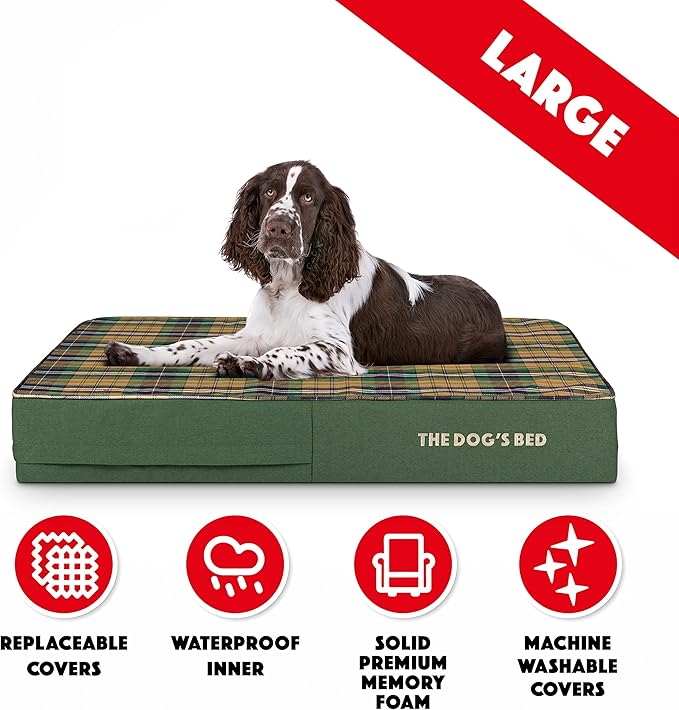 The Dog’s Bed Orthopedic Memory Foam Dog Bed, Large Green Tartan 40x25, Pain Relief for Arthritis, Hip & Elbow Dysplasia, Post Surgery, Lameness, Supportive, Calming, Waterproof Washable Cover