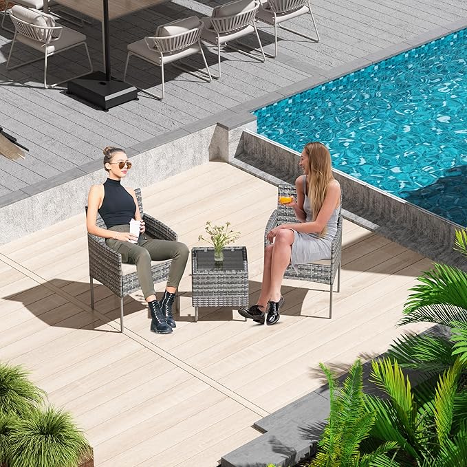 3 Pieces Patio Furniture Set, Outdoor Conversation Sets, Wicker Rattan Chairs for Garden Backyard Balcony Porch Poolside, Set with Glass Table and Soft Cushions (Brown+Beige)