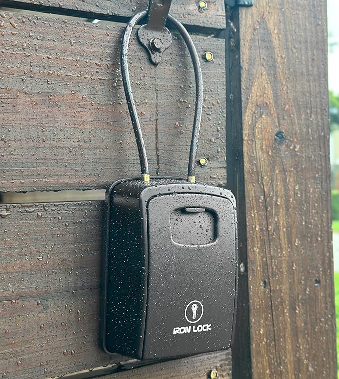 Iron Lock® Key Lock Box Portable with Cable Shackle & Wall Mount – Waterproof Heavy Duty Metal Lock Box for Keys with 4-Digit Combination Code on Door Knob, Fence, Pipe or Gate (Black, XXL)