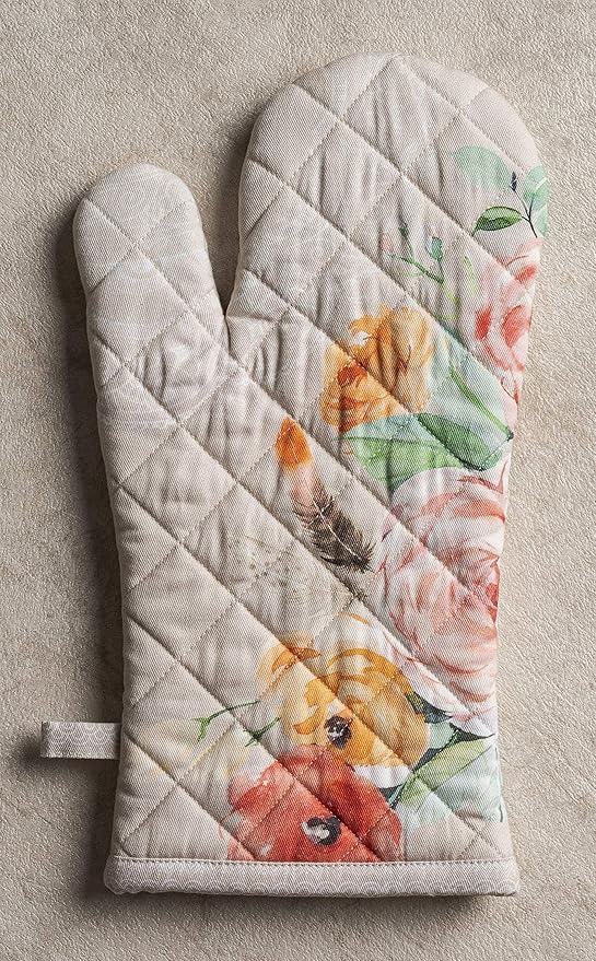 Maison d' Hermine 100% Cotton Oven Mitt & Pot Holder Set (7.5"x13" & 8"x8") Heat Resistant BBQ Cooking Gloves with Loop, Baking, Grilling, Kitchen, Handling Hot Pans Spring/Summer (Ibiza - Beige)