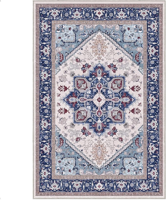 OPPODREAM Thin 6x9 Area Rugs, Washable Rug 6x9 with Non Slip Backing, Faux Cashmere Low-Pile 6 x 9 Carpet, Navy Blue & Red & Cream