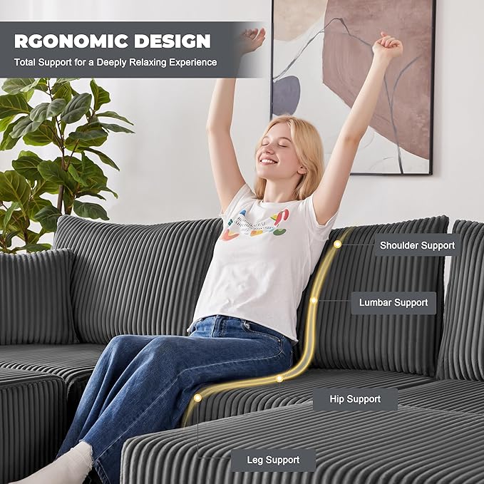 108” Modular Sectional Couches, Cloud Sectional Couch with Deep Seat, Modern Modular L-Shape Sofa with Chaise,Upholstered Boneless Sofa for Living Room (Corduroy, Grey)