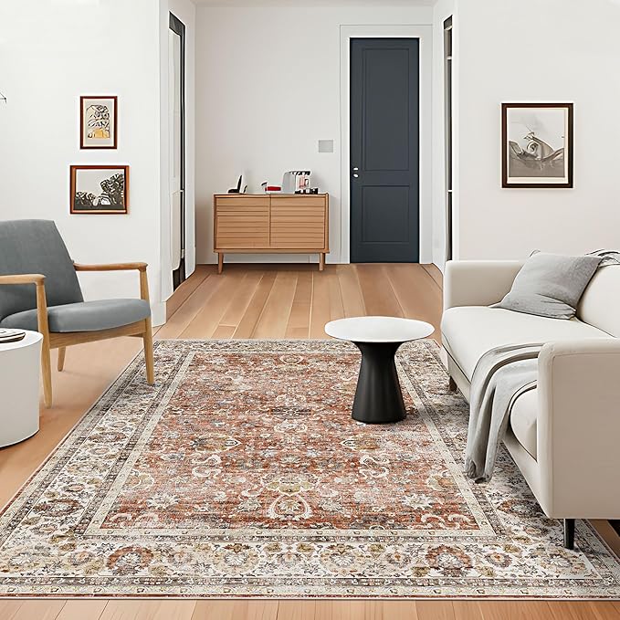 Deerly Machine Washable 5x7ft Area Rugs, Non Slip Large Rug for Living Room Bedroom Dining Room, Low-Pile Kid & Pet Friendly Distressed Carpet Print Floor Rug(Brick Red)