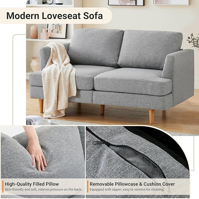 Loveseat Sofa 56" Mid Century Modern Small Couches for Small Spaces Love Seat with 2-Seat Upholstered Cushion Sofa Couches for Bedroom, Living Room, Apartment, Office (Grey)