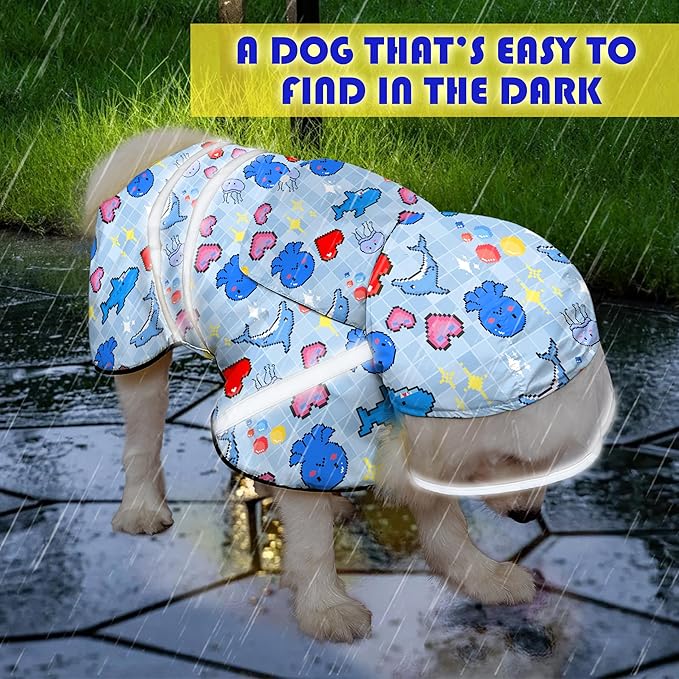 Dog Raincoat, Adjustable Dog Rain Jacket with Clear Hooded Double Layer for Large Medium Small Dogs Puppies, Waterproof Rain Coat Poncho Ocean Dolphin, Blue-L