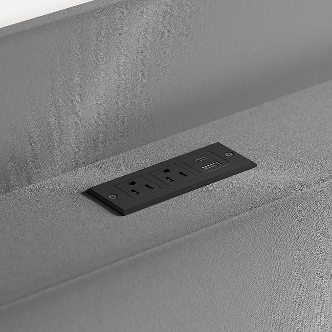 Allewie Velvet Full Size Upholstered Bed Frame with Wingback Storage Headboard & Charging Station, Platform Bed with Diamond Tufted Design & Gold Trim, No Box Spring Needed, Easy Assembly, Grey