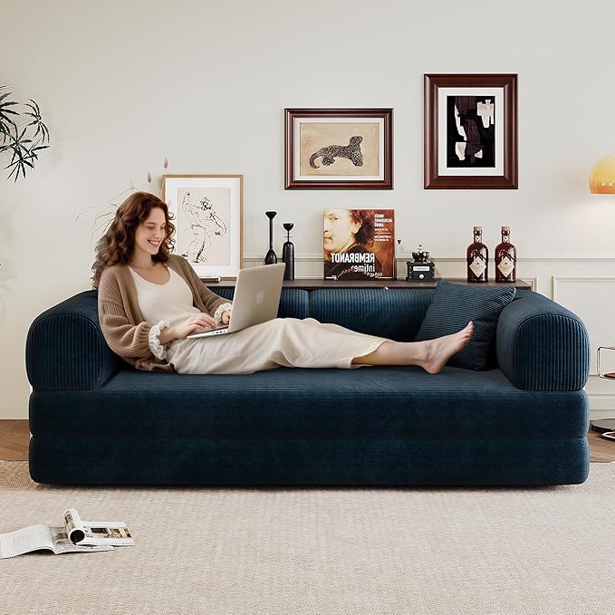 Boneless Couch Sectional Sofa,Convertible Sofa Bed with Sleeper Sofa,Futon Floor Couch Folding Sofas for Living Room,Bedroom,Apartment (Blue, 78.8''W)