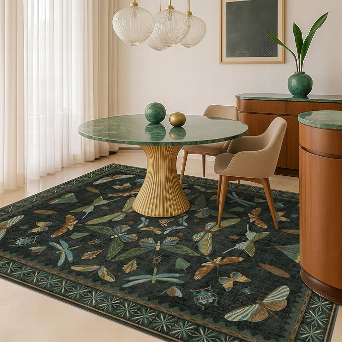 Dark Green Area Rugs 5x7 for Living Room - Fairy Fantasy Moss Rugs for Dining Room Table, Bedroom, Whimsical Insect Boho Moth Décor, Washable Non Skid Soft Carpet