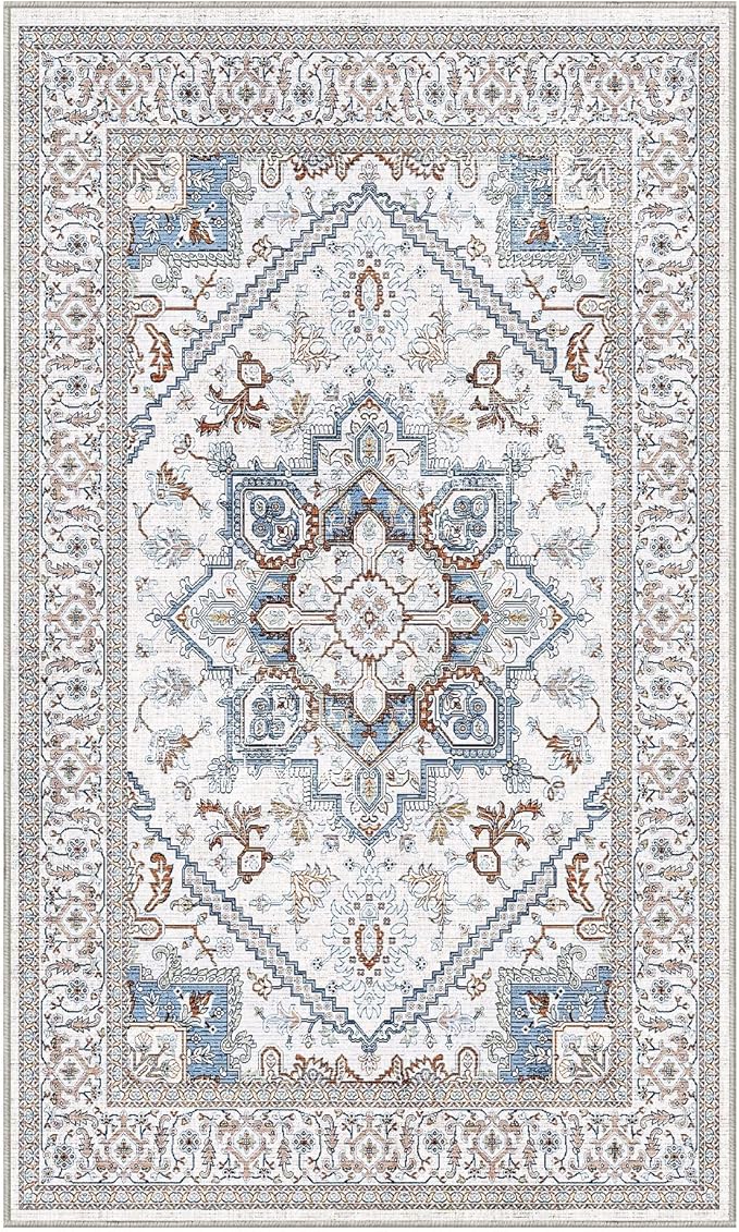 OPPODREAM Thin Neutral Area Rugs 3x5, Washable Rugs with Non Slip Backing, Low-Pile Throw 3x5 Carpet, Faux Cashmere 3 x 5 Carpet, Cream White & Blue & Light Brown