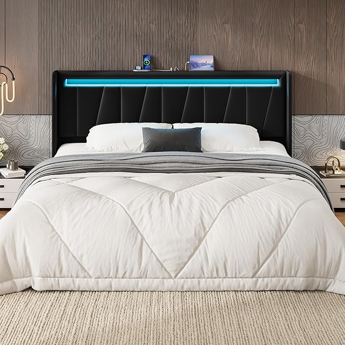 SHA CERLIN King Size Bed Frame with Charging Station and LED Lights, Modern Velvet Platform Bed with Upholstered Geometric Wingback Headboard, No Box Spring Needed, Easy Assembly, Black