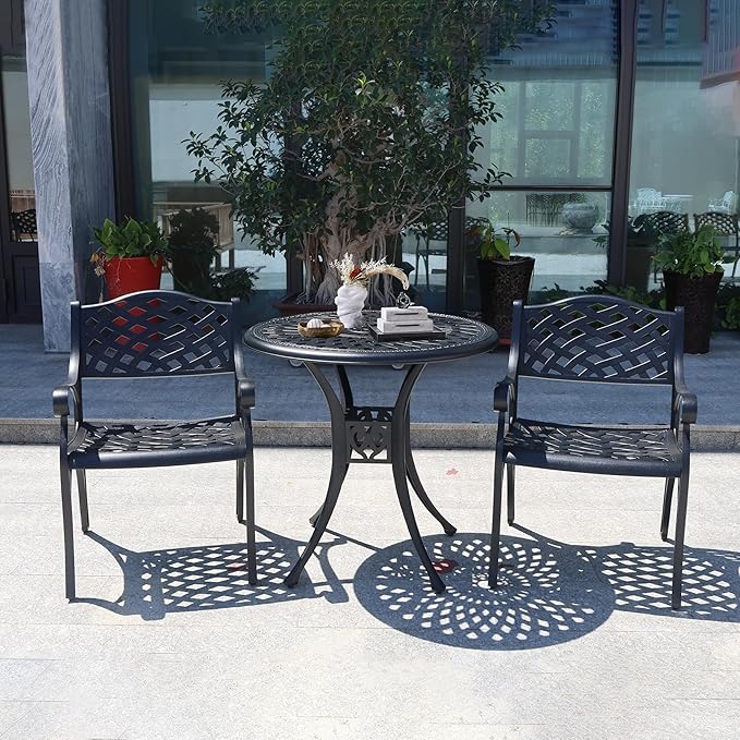 30.3" Patio Bistro Table Cast Aluminum Patio Table,Metal Patio Dining Table with Umbrella Hole,All Weather Outdoor Bistro Dining Table for Backyard, Garden, Balcony, Bronze