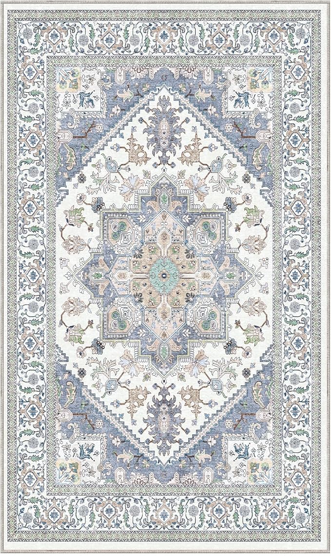 OPPODREAM Thin Area Rugs 3x5, Washable Rugs with Non Slip Backing, Low-Pile Throw 3x5 Carpet, Faux Cashmere 3 x 5 Carpet, Purple & Green & Cream