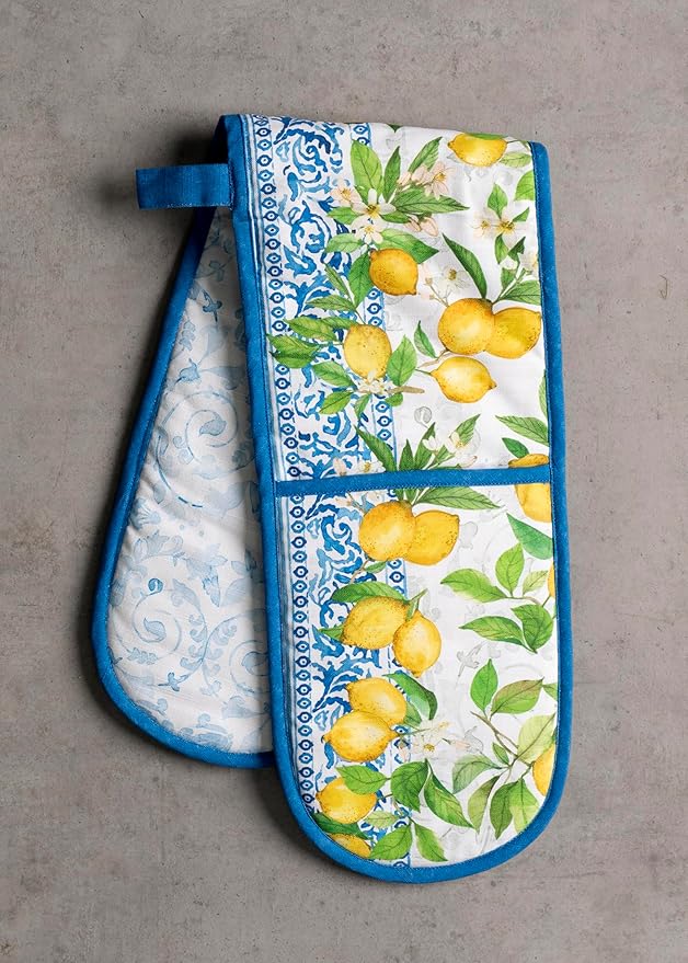 Maison d' Hermine Double Oven Mitts 100% Cotton 7"x35" Double Oven Mitt Heat Resistant BBQ Cooking Gloves with Loop, Baking, Grilling, Home, Kitchen, Handling Hot Pans Spring Summer (Cedrat)