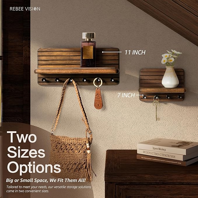 Rebee Vision Farmhouse Key Holder Wall Mount for Home Decor – Decorative Pine Wooden Key Holder for Wall with 6 Hooks & Floating Shelf - Rustic Charm for Room Decor Aesthetic (Brown)