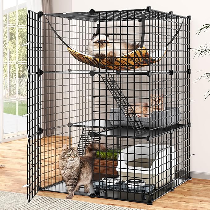YITAHOME Metal Cat Cage Indoor: 3-Tiers DIY Kitten Enclosures Playpen Catio Kennels Pet Crate with Extra Large Hammock for Small Animals (Black)